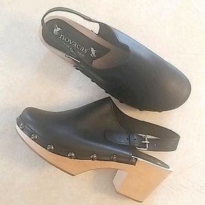 novacas vegan leather and wood clogs.